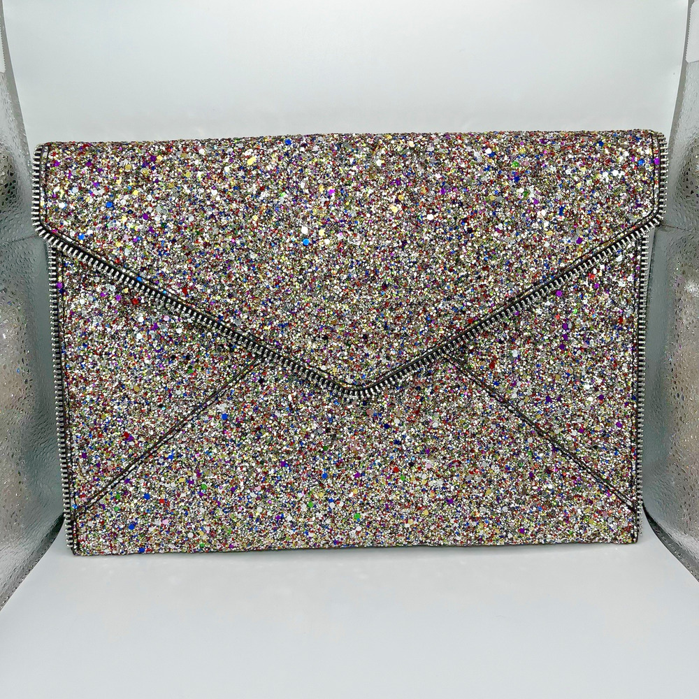 Rebecca Minkoff Leo Colorful Glitter Envelope Clutch Zipper Trim + Dust Bag EUC
